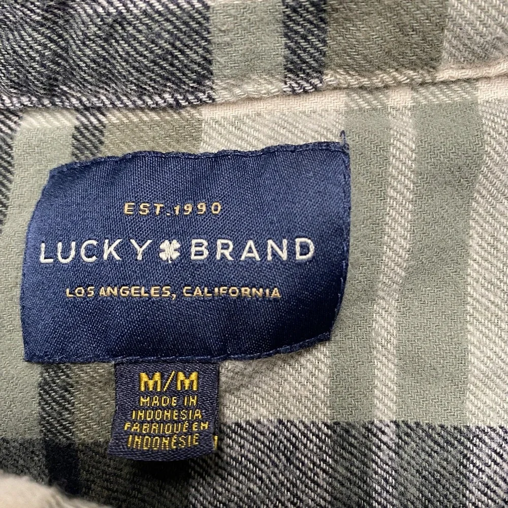 Lucky Brand‎ Shirt Mens Medium Green Gray Plaid Flannel Button Up Long Sleeve